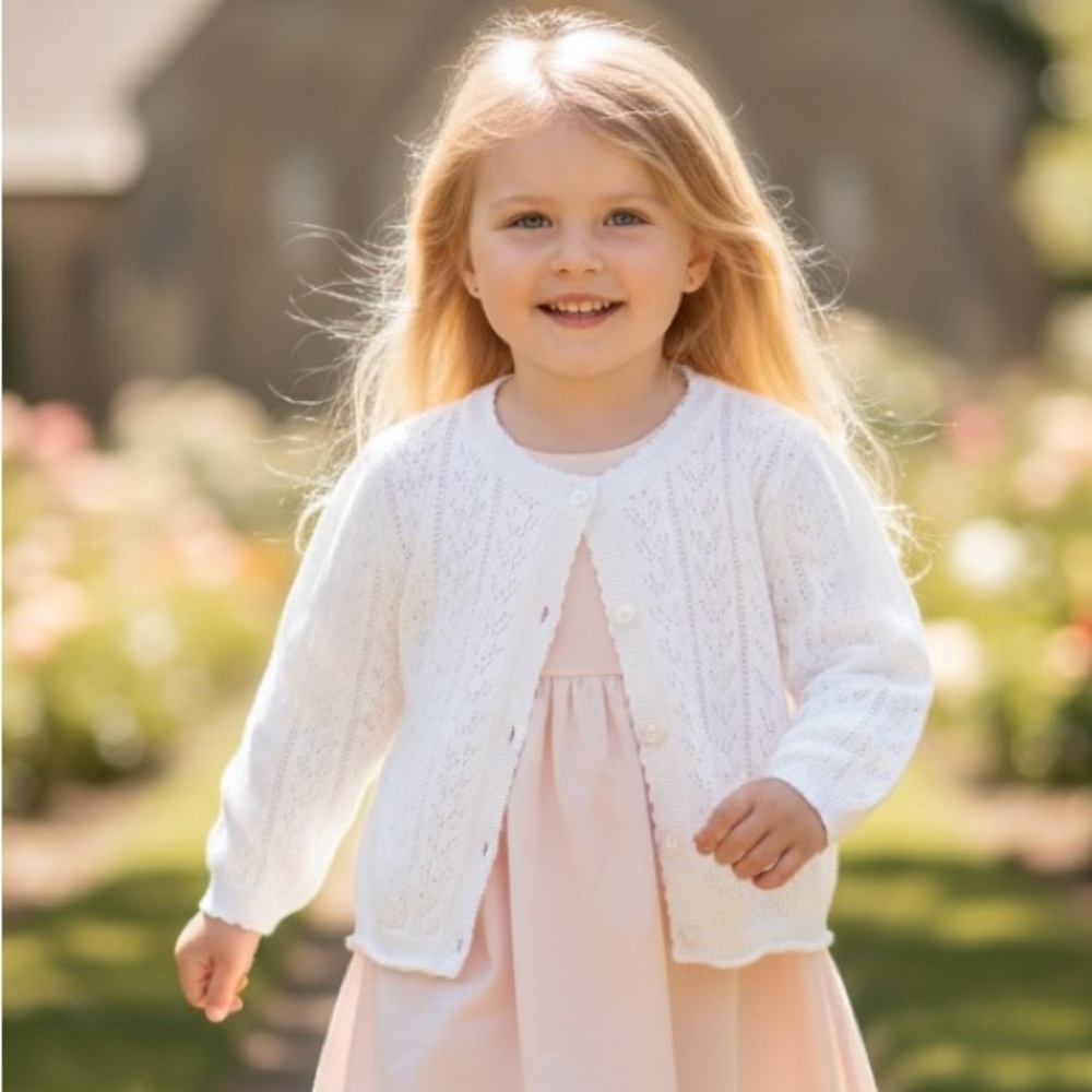 Girls White Eyelet Open Knit Cotton Cardigan Button Front 3T-4T